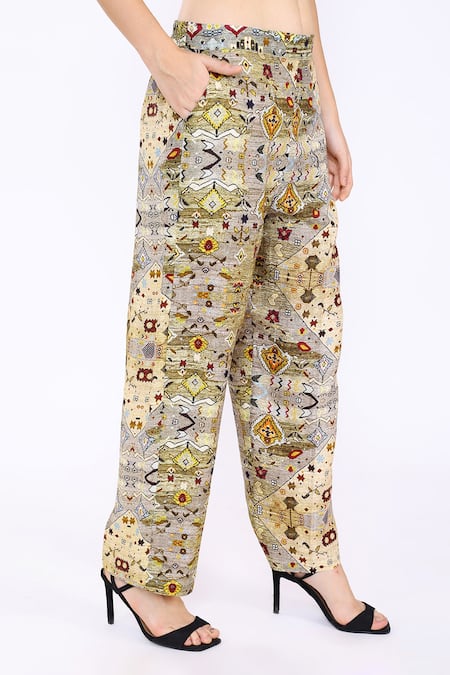 Linen Bloom_Multi Color 100% Pure Linen Diamond Print Pant _Online_at_Aza_Fashions