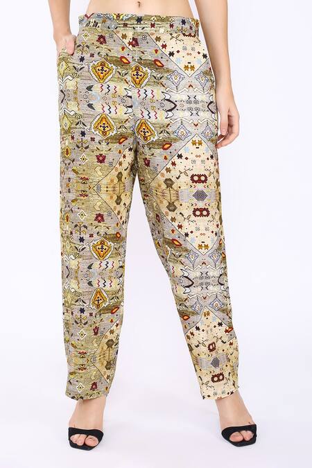 Buy_Linen Bloom_Multi Color 100% Pure Linen Diamond Print Pant _Online_at_Aza_Fashions