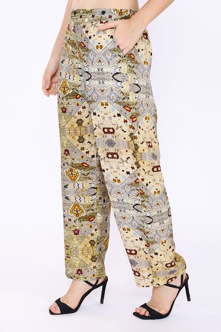 Shop_Linen Bloom_Multi Color 100% Pure Linen Diamond Print Pant _Online_at_Aza_Fashions