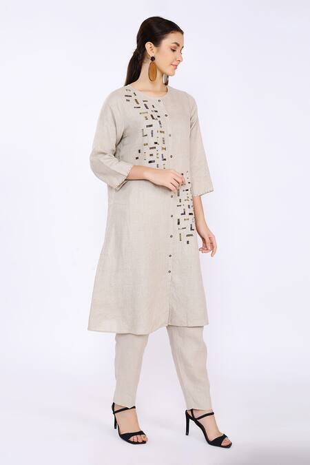 Linen Bloom_Beige 100% Pure Linen Cutdana Round Embroidered Tunic_Online_at_Aza_Fashions