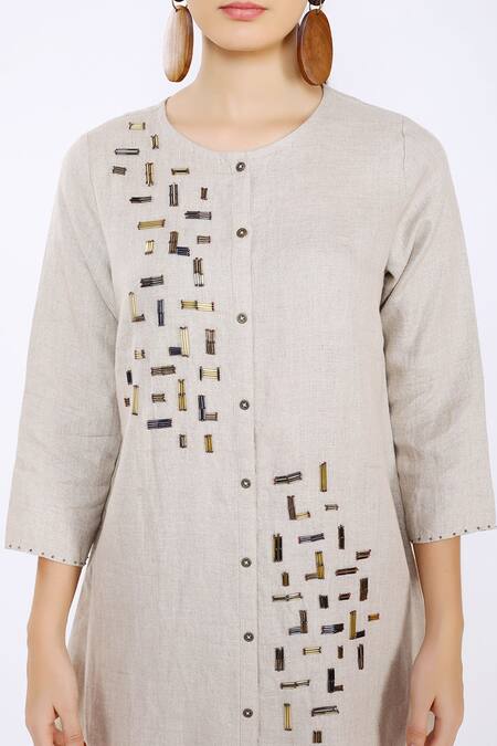 Buy_Linen Bloom_Beige 100% Pure Linen Cutdana Round Embroidered Tunic_Online_at_Aza_Fashions