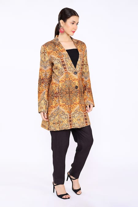 Linen Bloom_Multi Color 100% Pure Linen Persia Notched Print Coat _Online_at_Aza_Fashions