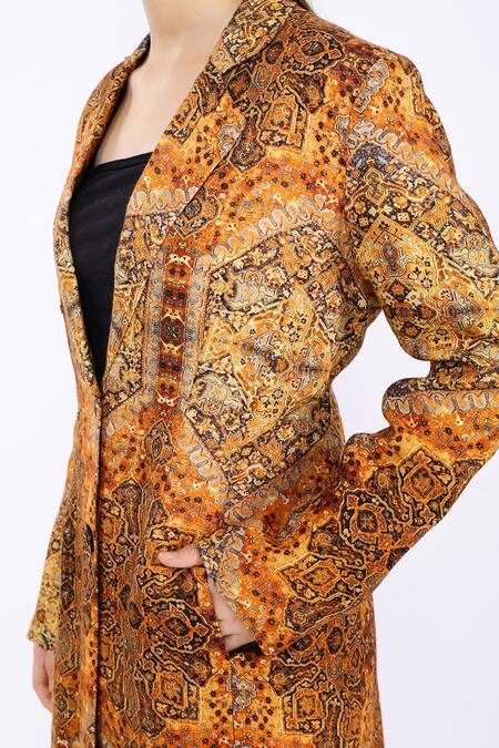 Buy_Linen Bloom_Multi Color 100% Pure Linen Persia Notched Print Coat _Online_at_Aza_Fashions