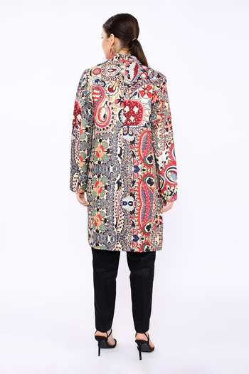 Shop Linen Bloom Multi Color 100% Pure Linen Paisley Mandarin Collar Print Coat at Aza Fashions Shop_Linen Bloom_Multi Color 100% Pure Linen Paisley Mandarin Collar Print Coat _at_Aza_Fashions