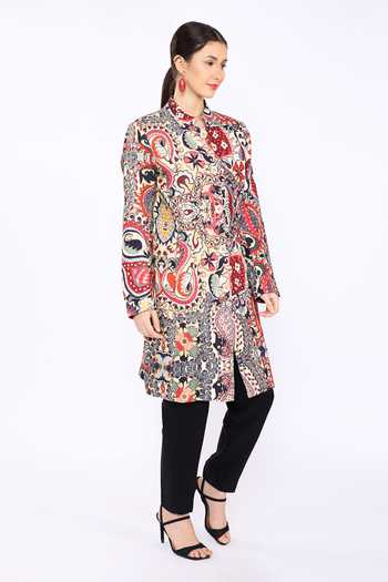 Linen Bloom Multi Color 100% Pure Linen Paisley Mandarin Collar Print Coat Online at Aza Fashions Linen Bloom_Multi Color 100% Pure Linen Paisley Mandarin Collar Print Coat _Online_at_Aza_Fashions
