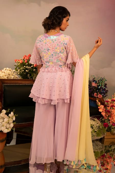 Ruh Clothing Hand Embroidered Peplum Kurta Sharara Set 