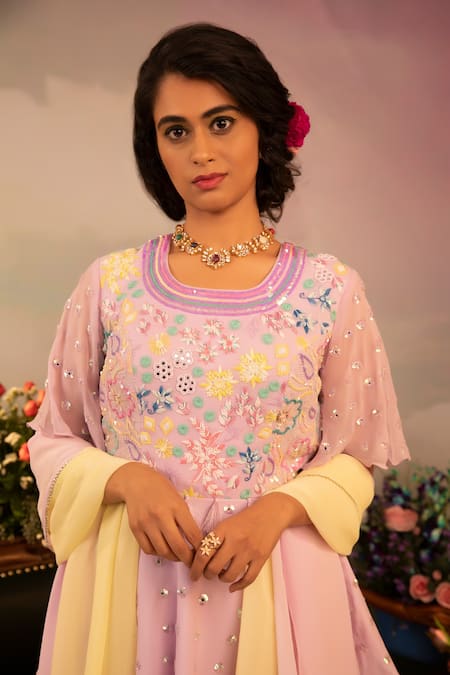 Buy_Ruh Clothing_Pink Georgette Bead Work, Chikankari, Hand Embroidered Peplum Kurta Sharara Set _Online_at_Aza_Fashions