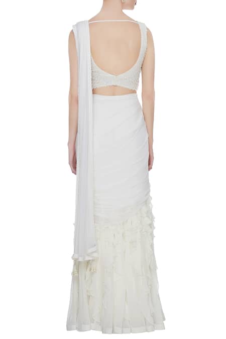 Shop_Arpan Vohra_White Georgette Round Pre-draped Lehenga Saree With Blouse _at_Aza_Fashions