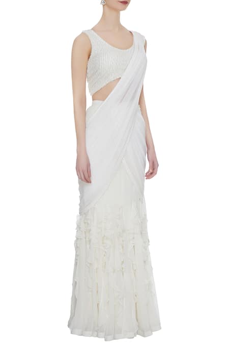 Arpan Vohra_White Georgette Round Pre-draped Lehenga Saree With Blouse _Online_at_Aza_Fashions
