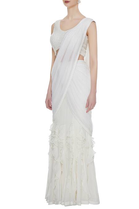 Buy_Arpan Vohra_White Georgette Round Pre-draped Lehenga Saree With Blouse _Online_at_Aza_Fashions