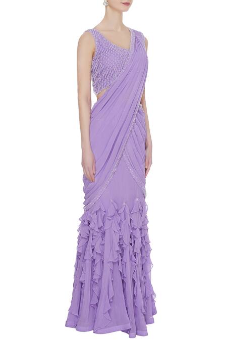 Arpan Vohra Purple Georgette Round Pre-draped Lehenga Saree With Blouse Online at Aza Fashions Arpan Vohra_Purple Georgette Round Pre-draped Lehenga Saree With Blouse _Online_at_Aza_Fashions