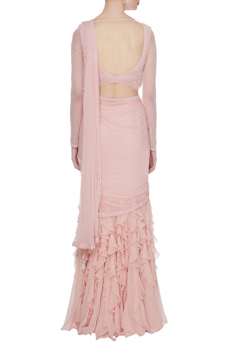 Shop_Arpan Vohra_Peach Georgette Leaf Neck Pre-draped Lehenga Saree With Blouse _at_Aza_Fashions