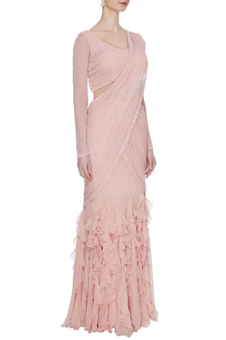 Arpan Vohra_Peach Georgette Leaf Neck Pre-draped Lehenga Saree With Blouse _Online_at_Aza_Fashions