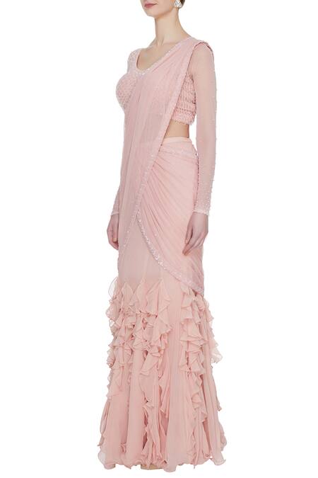Buy_Arpan Vohra_Peach Georgette Leaf Neck Pre-draped Lehenga Saree With Blouse _Online_at_Aza_Fashions