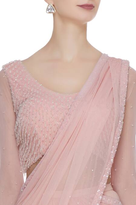 Shop_Arpan Vohra_Peach Georgette Leaf Neck Pre-draped Lehenga Saree With Blouse _Online_at_Aza_Fashions