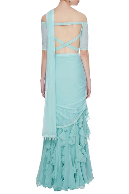 Shop_Arpan Vohra_Blue Georgette Bardot Pre-draped Lehenga Saree With Blouse _at_Aza_Fashions