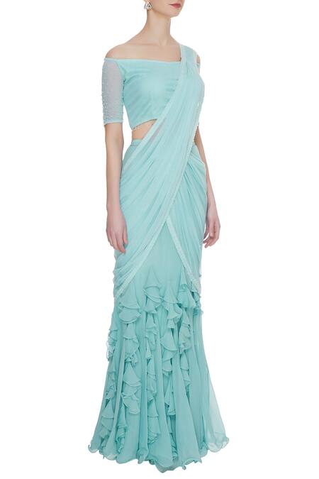 Arpan Vohra_Blue Georgette Bardot Pre-draped Lehenga Saree With Blouse _Online_at_Aza_Fashions
