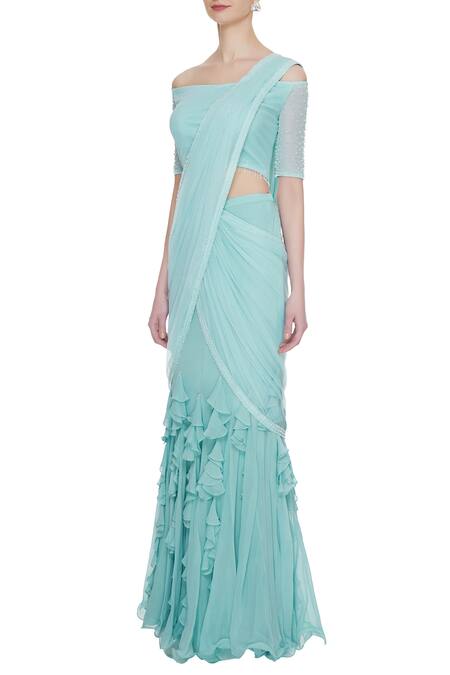 Buy_Arpan Vohra_Blue Georgette Bardot Pre-draped Lehenga Saree With Blouse _Online_at_Aza_Fashions