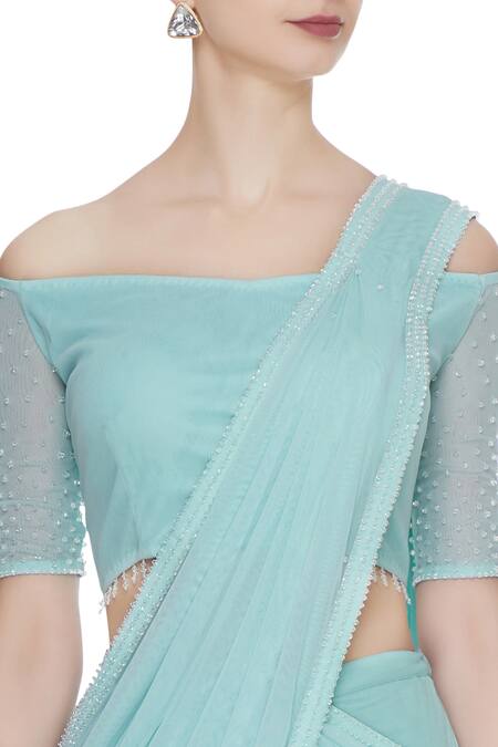Shop_Arpan Vohra_Blue Georgette Bardot Pre-draped Lehenga Saree With Blouse _Online_at_Aza_Fashions