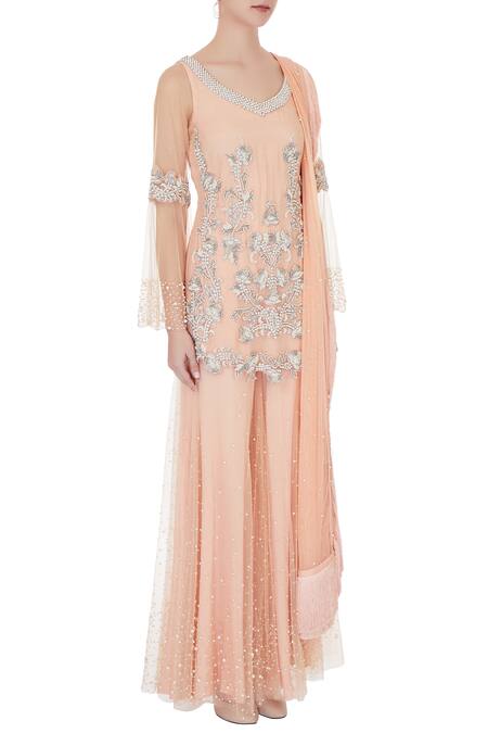 J By Jannat_Peach Round Embroidered Kurta Gharara Set  _Online_at_Aza_Fashions
