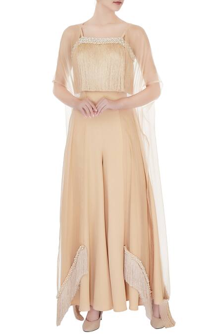 J by Jannat Beige Square Neck Organza Cape And Palazzo Set For Women