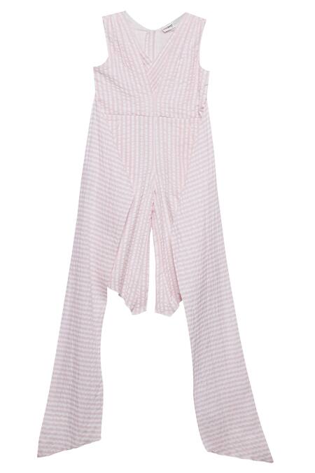 Moobaa Pink Baby Striped Cotton Jumpsuit