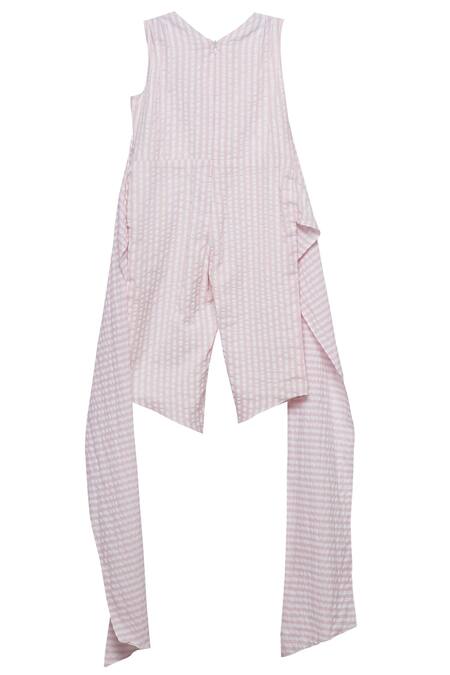 Shop Moobaa Pink Baby Striped Cotton Jumpsuit at Aza Fashions Shop_Moobaa_Pink Baby Striped Cotton Jumpsuit _at_Aza_Fashions
