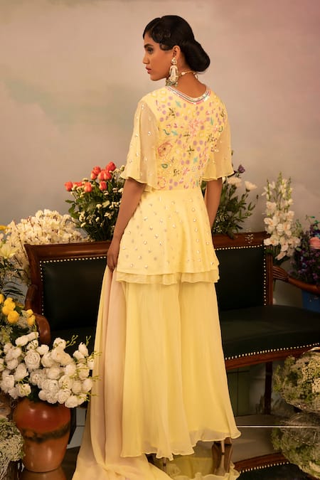 Ruh Clothing Hand Embroidered Peplum Kurta Sharara Set 