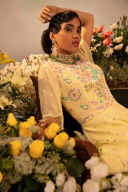 Ruh Clothing_Yellow Georgette Bead Work, Hand Embroidered Peplum Kurta Sharara Set _Online_at_Aza_Fashions
