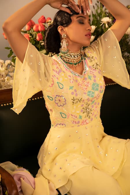 Buy_Ruh Clothing_Yellow Georgette Bead Work, Hand Embroidered Peplum Kurta Sharara Set _Online_at_Aza_Fashions