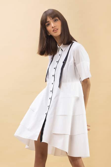 Chillosophy White Poplin Straight Collar Short Shirt Dress 
