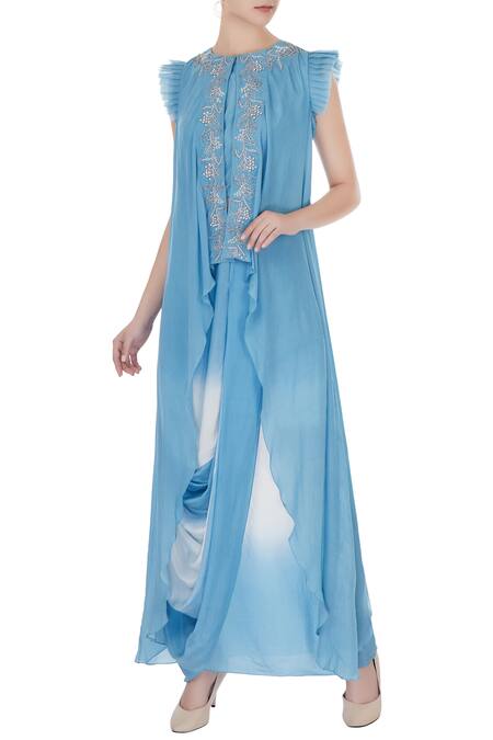 Eclat by Prerika Jalan Blue Crepe Embroidered Zari Work Jewel Asymmetrical Top And Skirt Set For Women