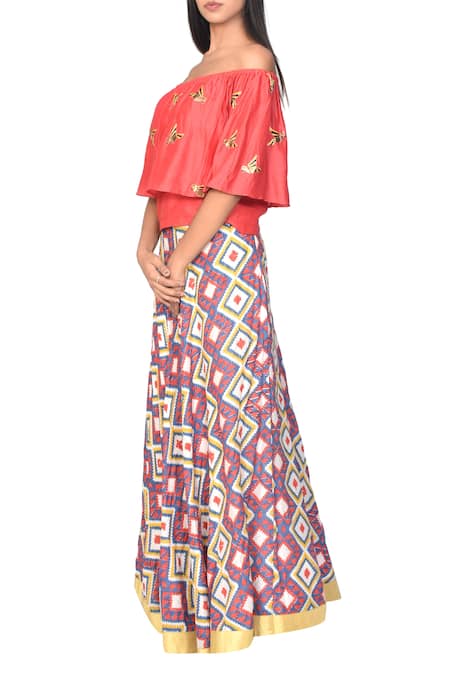 Buy_Shuchi VC_Red Off Shoulder Blouse And Skirt Set_Online_at_Aza_Fashions