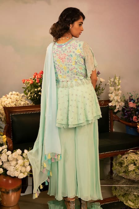 Ruh Clothing Hand Embroidered Peplum Kurta Sharara Set 