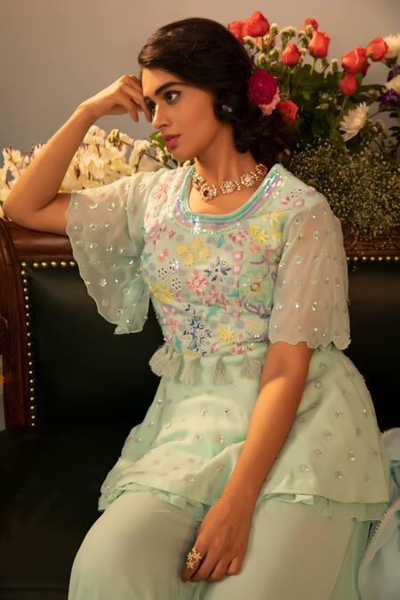 Ruh Clothing_Green Georgette Bead Work, Chikankari, Hand Embroidered Peplum Kurta Sharara Set _Online_at_Aza_Fashions