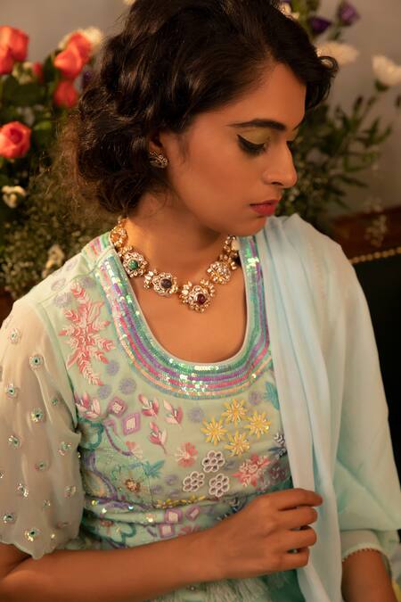 Buy_Ruh Clothing_Green Georgette Bead Work, Chikankari, Hand Embroidered Peplum Kurta Sharara Set _Online_at_Aza_Fashions