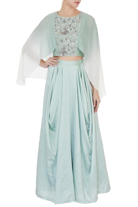 Eclat by Prerika Jalan Green Crepe Embroidered Round Crop Top And Cowl Draped Pant Set For Women