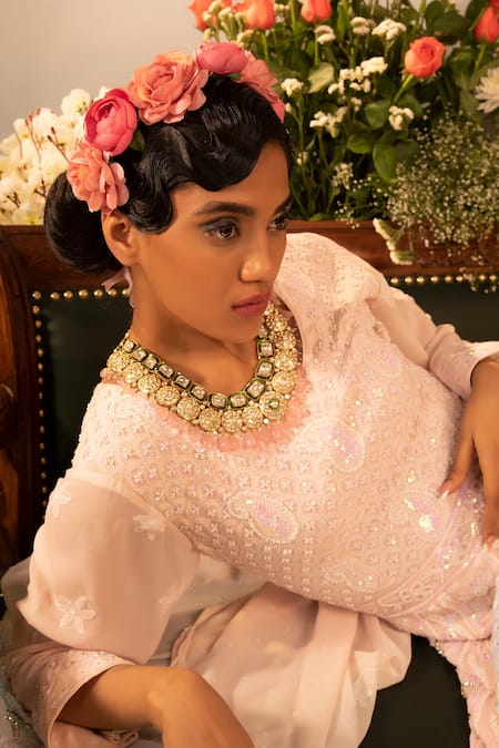 Ruh Clothing_Pink Georgette Bead Work, Chikankari, Sequins, Stone Embroidered Anarkali Set _Online_at_Aza_Fashions