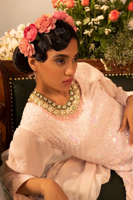 Buy_Ruh Clothing_Pink Georgette Bead Work, Chikankari, Sequins, Stone Embroidered Anarkali Set _Online_at_Aza_Fashions