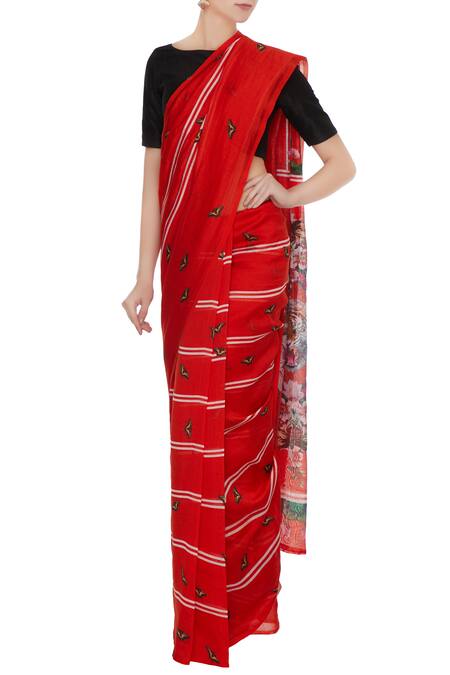 MR. Ajay Kumar_Red Handloom Cotton Printed Saree  _Online_at_Aza_Fashions