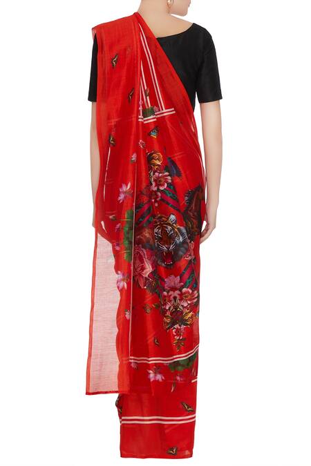 Shop_MR. Ajay Kumar_Red Handloom Cotton Printed Saree  _at_Aza_Fashions