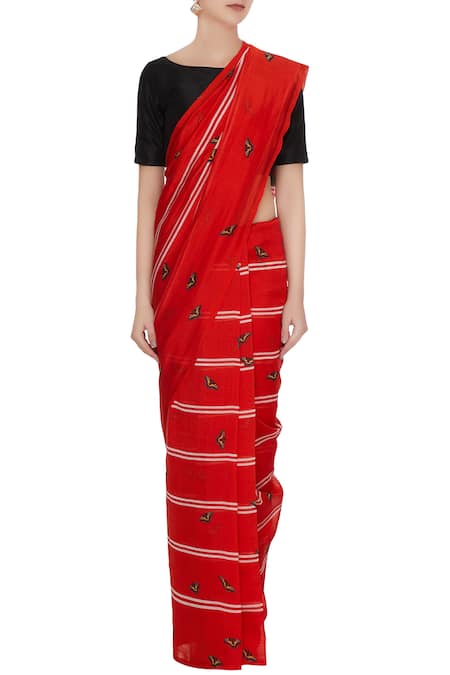 Buy_MR. Ajay Kumar_Red Handloom Cotton Printed Saree  _Online_at_Aza_Fashions