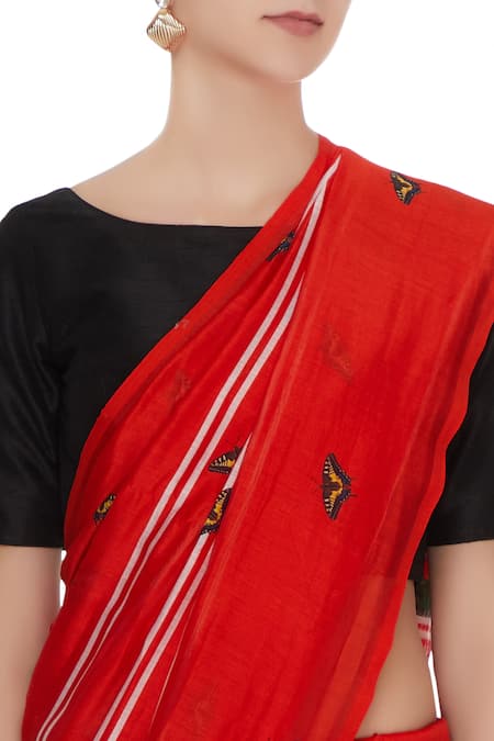 Shop_MR. Ajay Kumar_Red Handloom Cotton Printed Saree  _Online_at_Aza_Fashions
