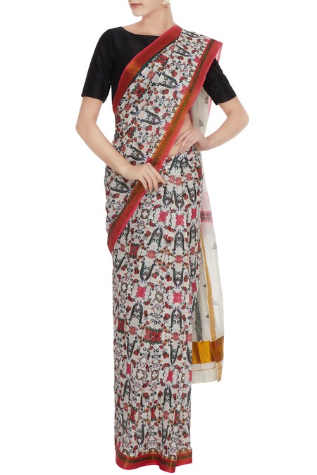 Mr. Ajay Kumar White Handloom Cotton Boat Printed Saree Set 