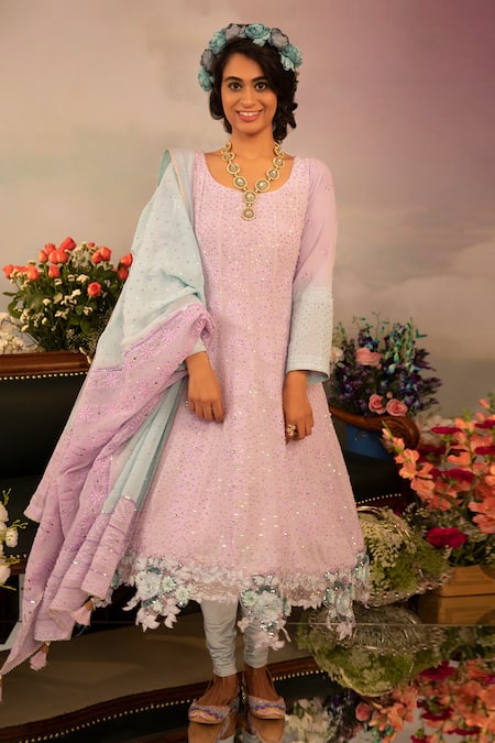 Ruh Clothing_Purple Georgette Bead Work, Chikankari, Sequins, Stone Embroidered Anarkali Set _Online_at_Aza_Fashions