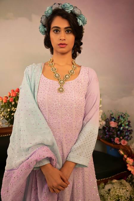 Buy_Ruh Clothing_Purple Georgette Bead Work, Chikankari, Sequins, Stone Embroidered Anarkali Set _Online_at_Aza_Fashions