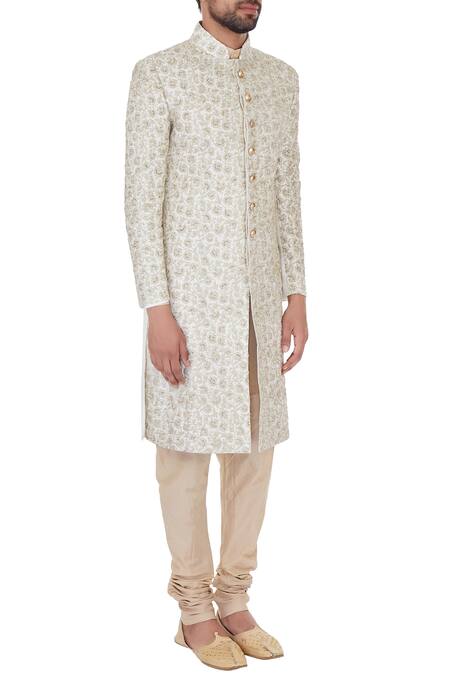 Kommal Sood Beige Silk Embroidered Jaal Work Sherwani Set Online at Aza Fashions Kommal Sood_Beige Silk Embroidered Jaal Work Sherwani Set _Online_at_Aza_Fashions