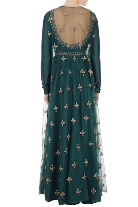 Priyanka Jain Teal blue silk embroidered anarkali with lycra pants & net jacket 