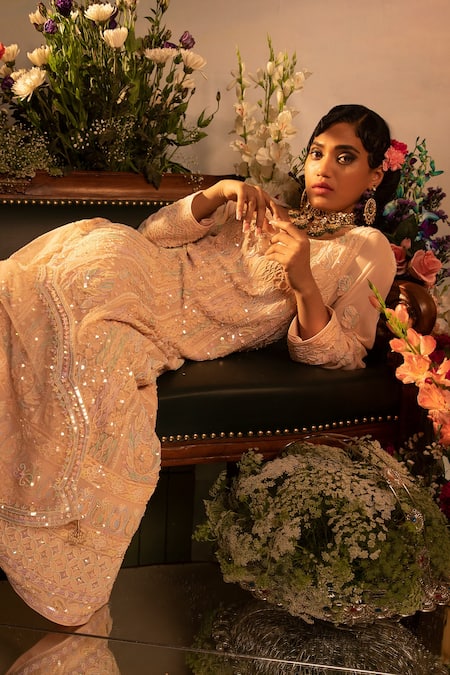 Ruh Clothing_Pink Net, Georgette Bead Work, Chikankari, Sequins, Embroidered Anarkali Set _Online_at_Aza_Fashions