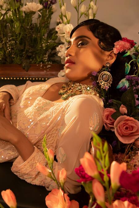 Buy_Ruh Clothing_Pink Net, Georgette Bead Work, Chikankari, Sequins, Embroidered Anarkali Set _Online_at_Aza_Fashions